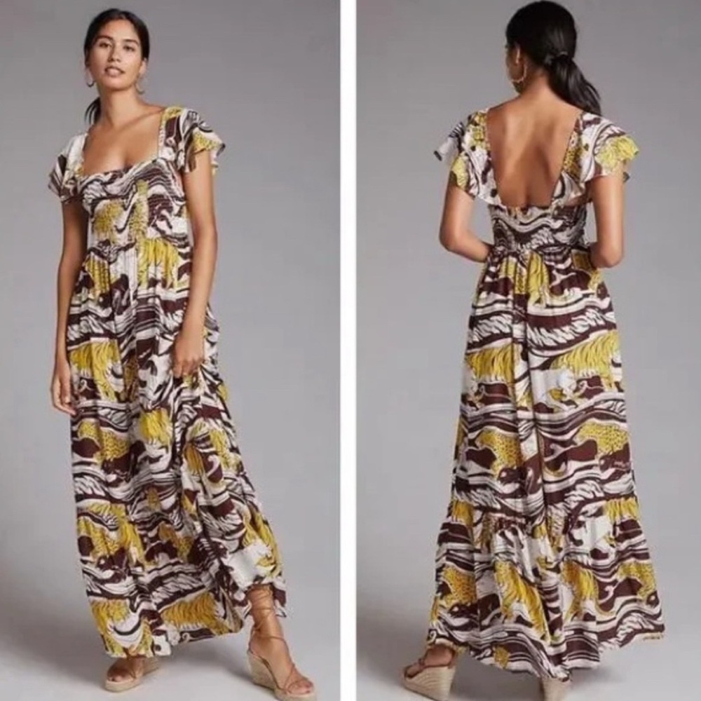 Anthropologie cheetah maxi dress with ruffle sleeves